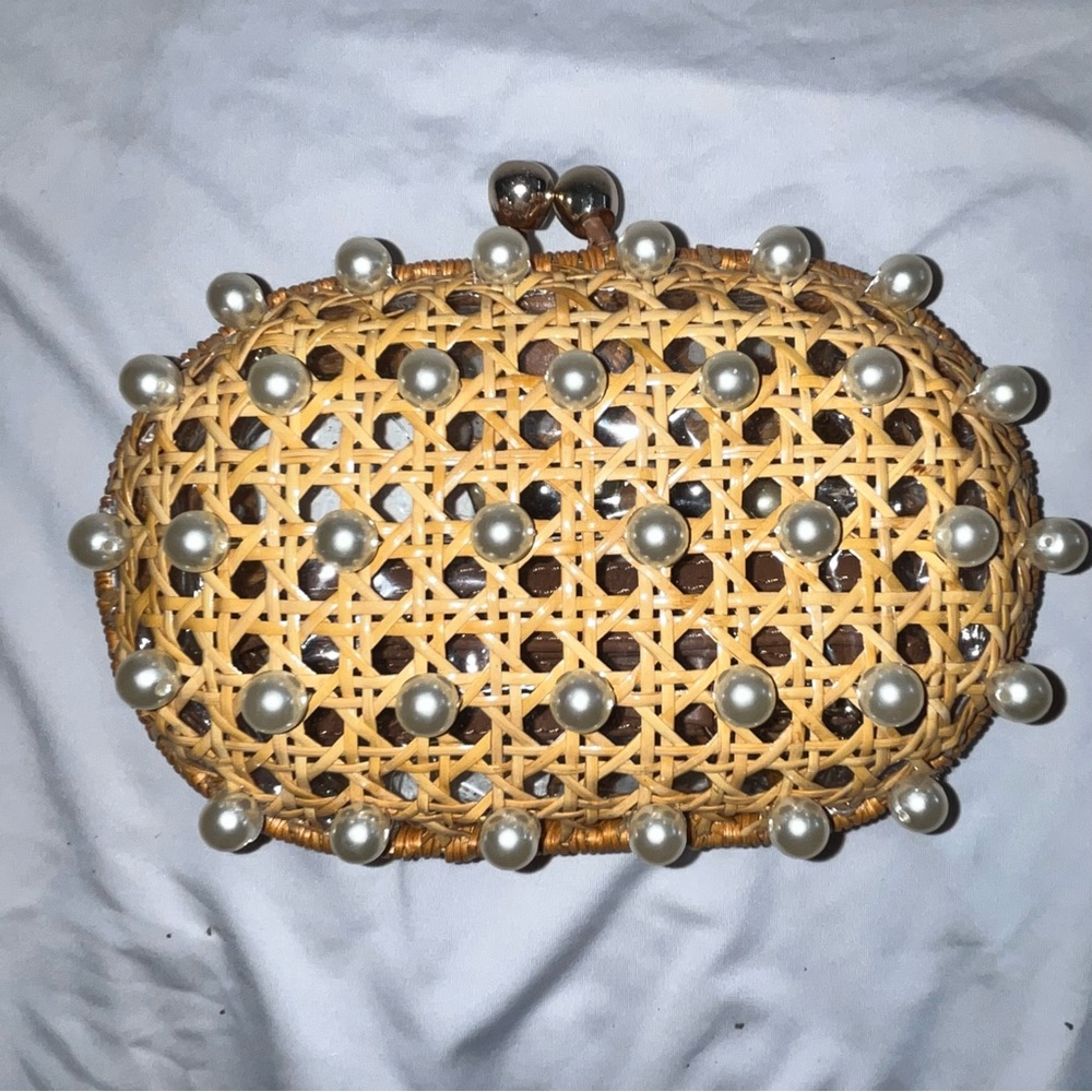 Neiman Marcus Tan and White Clutch with Intricate Lattice Design